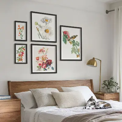 Blommiga fåglar vintagedekorationer set om 5 tavlor