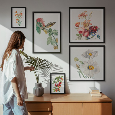 Set om 5 tavlor Blommiga fåglar vintagedekorationer
