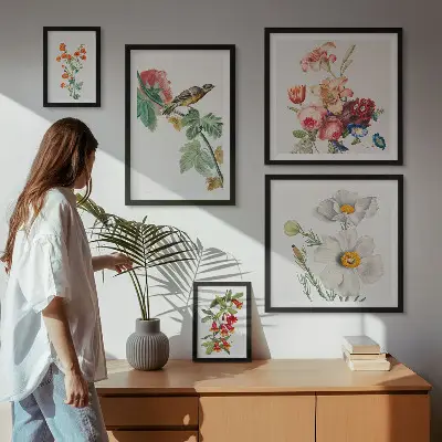 Blommiga fåglar vintagedekorationer set om 5 tavlor