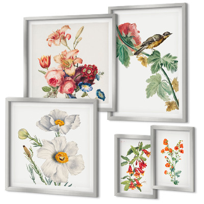 Set om 5 tavlor Blommiga fåglar vintagedekorationer