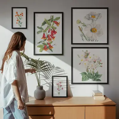 Blommiga botaniska illustrationer tavelvägg med 5 tavlor
