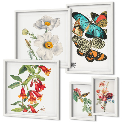 Set om 5 tavlor Blommor fjärilar fåglar vintage dekorationer