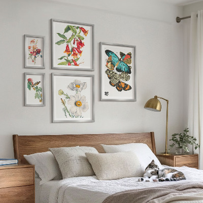 Set om 5 tavlor Blommor fjärilar fåglar vintage dekorationer