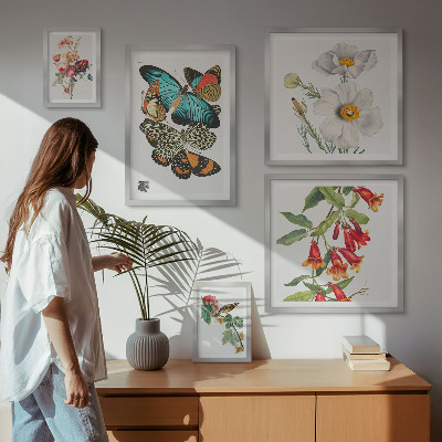 Set om 5 tavlor Blommor fjärilar fåglar vintage dekorationer