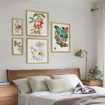 Blommor, fjärilar och fåglar set med 5 vintage-tavlor för dekoration