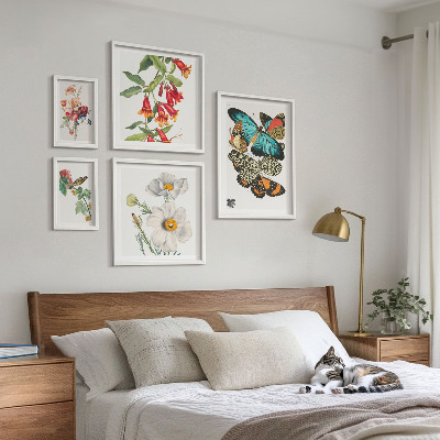 Set om 5 tavlor Blommor fjärilar fåglar vintage dekorationer