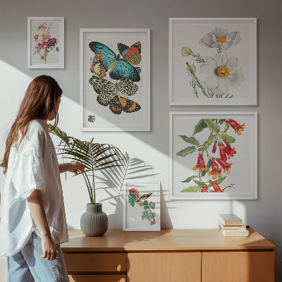 Set om 5 tavlor Blommor fjärilar fåglar vintage dekorationer