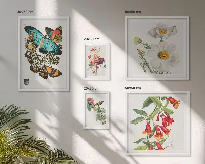 Blommor, fjärilar och fåglar set med 5 vintage-tavlor för dekoration