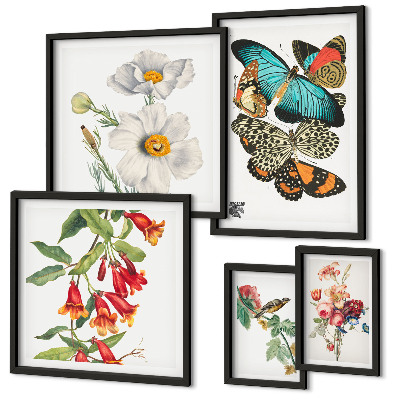 Set om 5 tavlor Blommor fjärilar fåglar vintage dekorationer