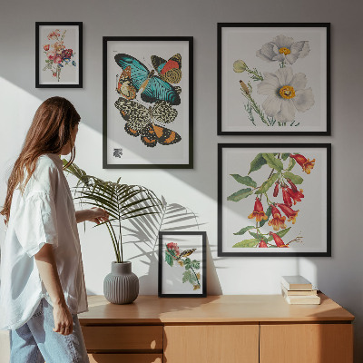 Set om 5 tavlor Blommor fjärilar fåglar vintage dekorationer