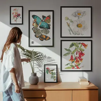 Blommor, fjärilar och fåglar set med 5 vintage-tavlor för dekoration