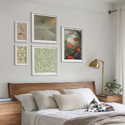 Tavelvägg med 5 tavlor Blommor fåglar naturliga motiv