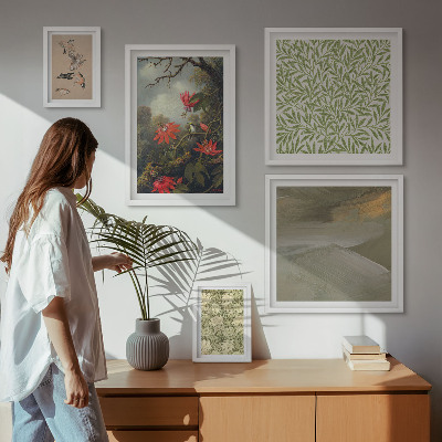 Tavelvägg med 5 tavlor Blommor fåglar naturliga motiv