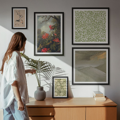 Tavelvägg med 5 tavlor Blommor fåglar naturliga motiv