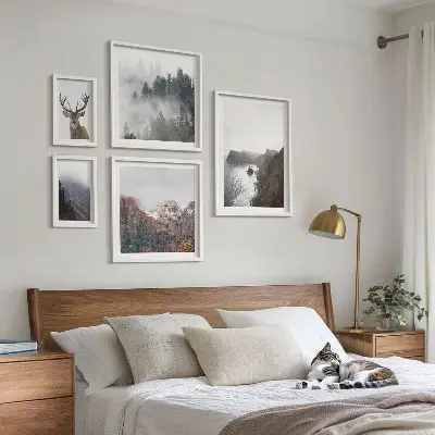 Tavelvägg med 5 tavlor med motiv av vilda djur och landskap