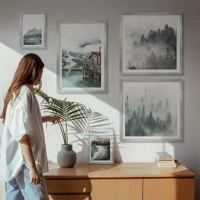 Tavelvägg med 5 tavlor motiv av bergslandskap, stugor och vatten