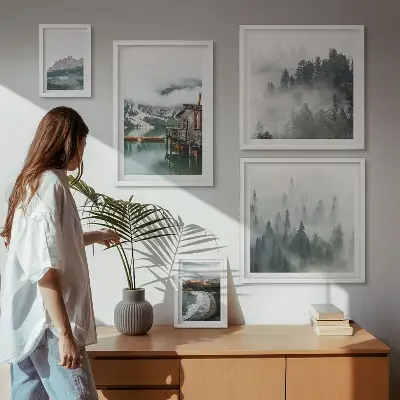 Tavelvägg med 5 tavlor motiv av bergslandskap, stugor och vatten