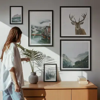Tavelvägg med 5 tavlor med motiv av bergslandskap i naturen