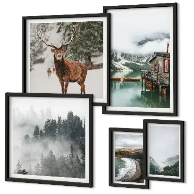 Tavelvägg med 5 tavlor naturmotiv med bergslandskap och djurliv