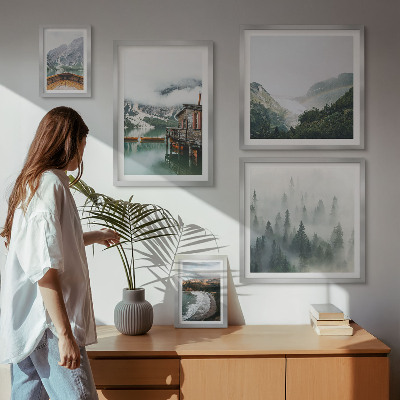Set om 5 tavlor Bergslandskap, hus, vatten
