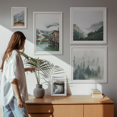 Set om 5 tavlor Bergslandskap, hus, vatten