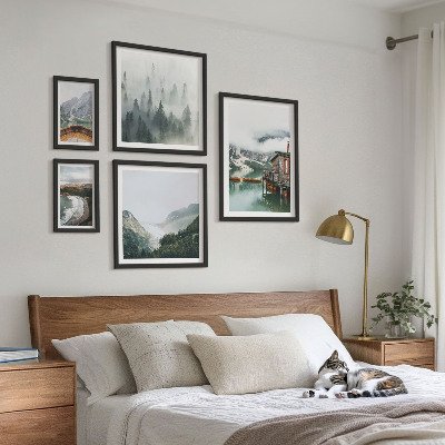 Set om 5 tavlor Bergslandskap, hus, vatten