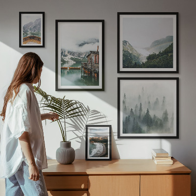 Set om 5 tavlor Bergslandskap, hus, vatten