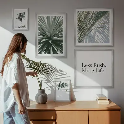 Tavelvägg med 5 tavlor gröna blad i modern stil