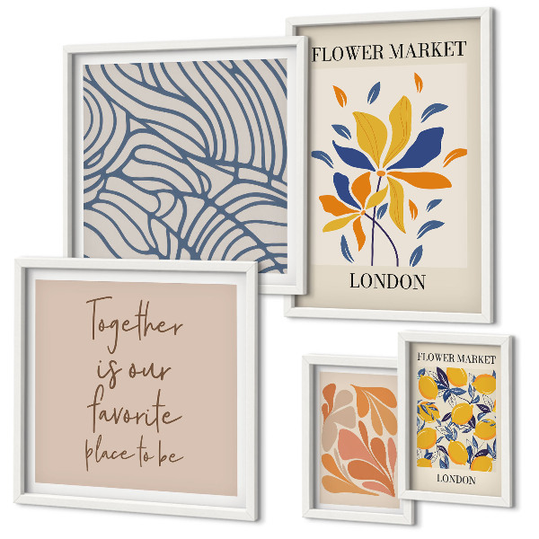 Set om 5 tavlor Blommotiv London inskriptioner