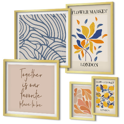 Set om 5 tavlor Blommotiv London inskriptioner
