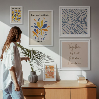 Set om 5 tavlor Blommotiv London inskriptioner