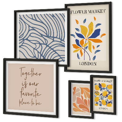 Set om 5 tavlor Blommotiv London inskriptioner