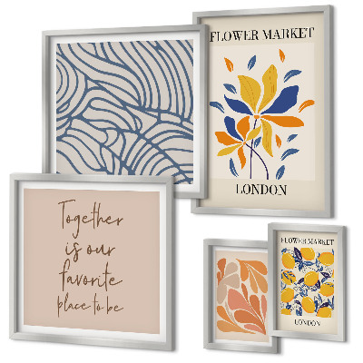 Set om 5 tavlor Blommotiv London inskriptioner