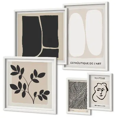 Tavelvägg med 5 tavlor med snygg minimalistisk grafik i linjer