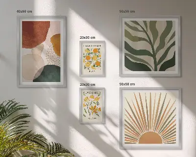 Tavelvägg med 5 tavlor med snygg växtgrafik och geometri