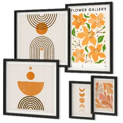 Tavelvägg med 5 tavlor med motiv av blommor och geometri