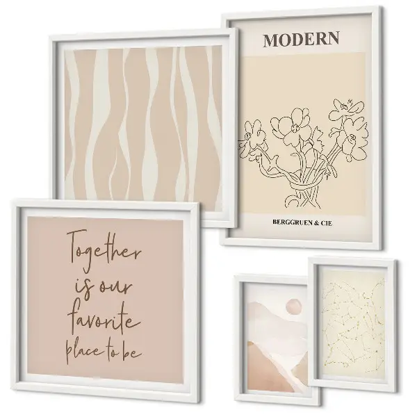 Tavelvägg med 5 tavlor i modern minimalistisk stil