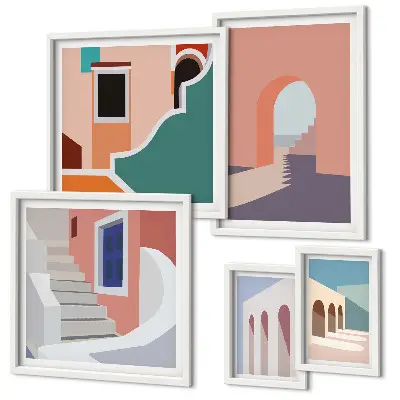 Tavelset med väggdekoration pastellfärgad arkitektonisk grafik