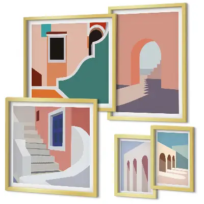 Tavelset med väggdekoration pastellfärgad arkitektonisk grafik