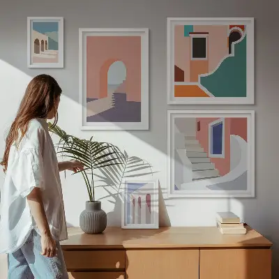 Tavelset med väggdekoration pastellfärgad arkitektonisk grafik