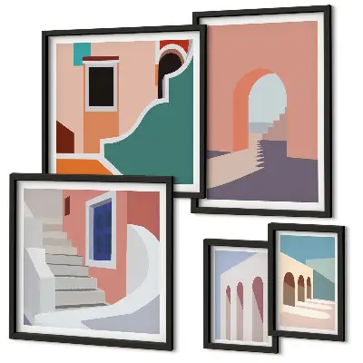 Tavelset med väggdekoration pastellfärgad arkitektonisk grafik
