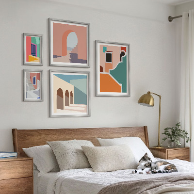 Tavelvägg med 5 tavlor Färgglada illustrationer av byggnader