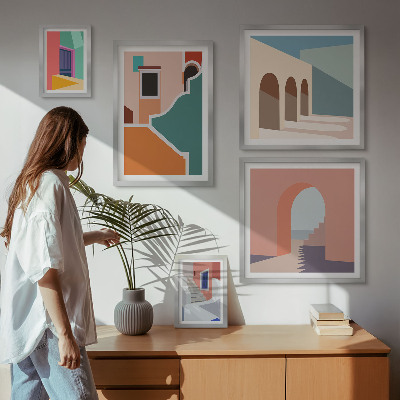 Tavelvägg med 5 tavlor Färgglada illustrationer av byggnader