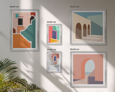 Tavelvägg med 5 tavlor Färgglada illustrationer av byggnader