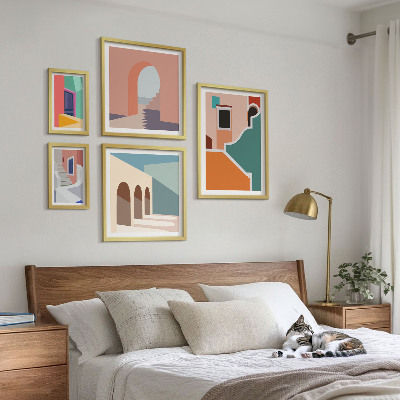 Tavelvägg med 5 tavlor Färgglada illustrationer av byggnader