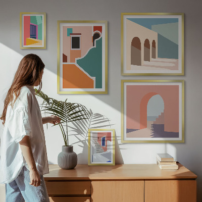 Tavelvägg med 5 tavlor Färgglada illustrationer av byggnader