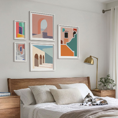 Tavelvägg med 5 tavlor Färgglada illustrationer av byggnader