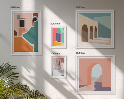 Tavelvägg med 5 tavlor Färgglada illustrationer av byggnader