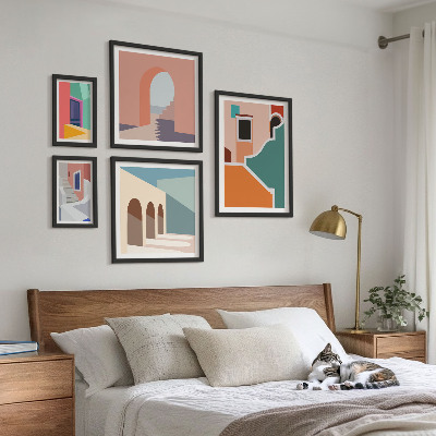 Tavelvägg med 5 tavlor Färgglada illustrationer av byggnader