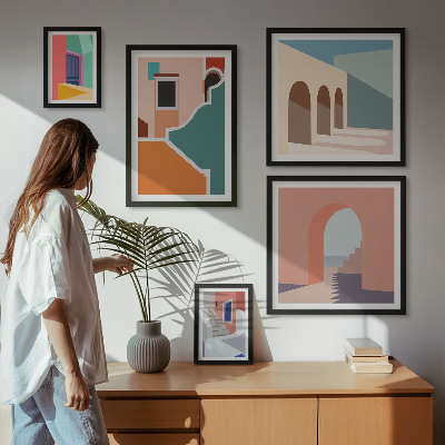 Tavelvägg med 5 tavlor Färgglada illustrationer av byggnader